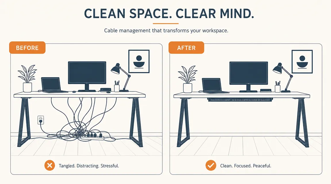 Before and after side-by-side showing tangled floor cables versus clean empty floor beneath a desk