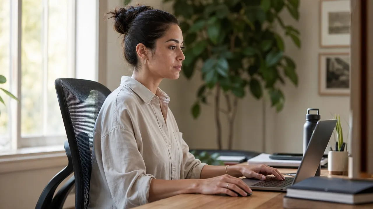 Person sitting comfortably at a home office desk in an ergonomic mesh chair, good posture, natural morning light through a window