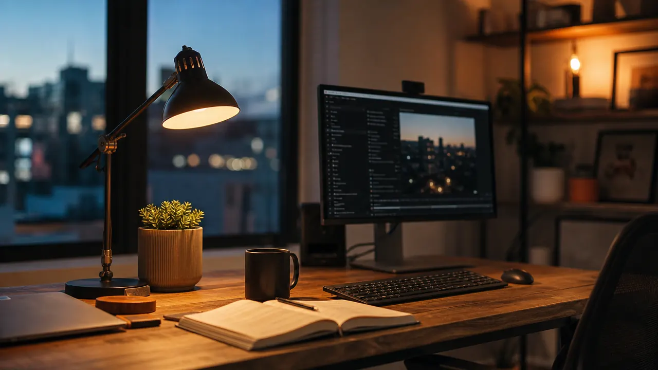 LED desk lamp glowing warm white on a tidy home office desk beside a keyboard and notebook