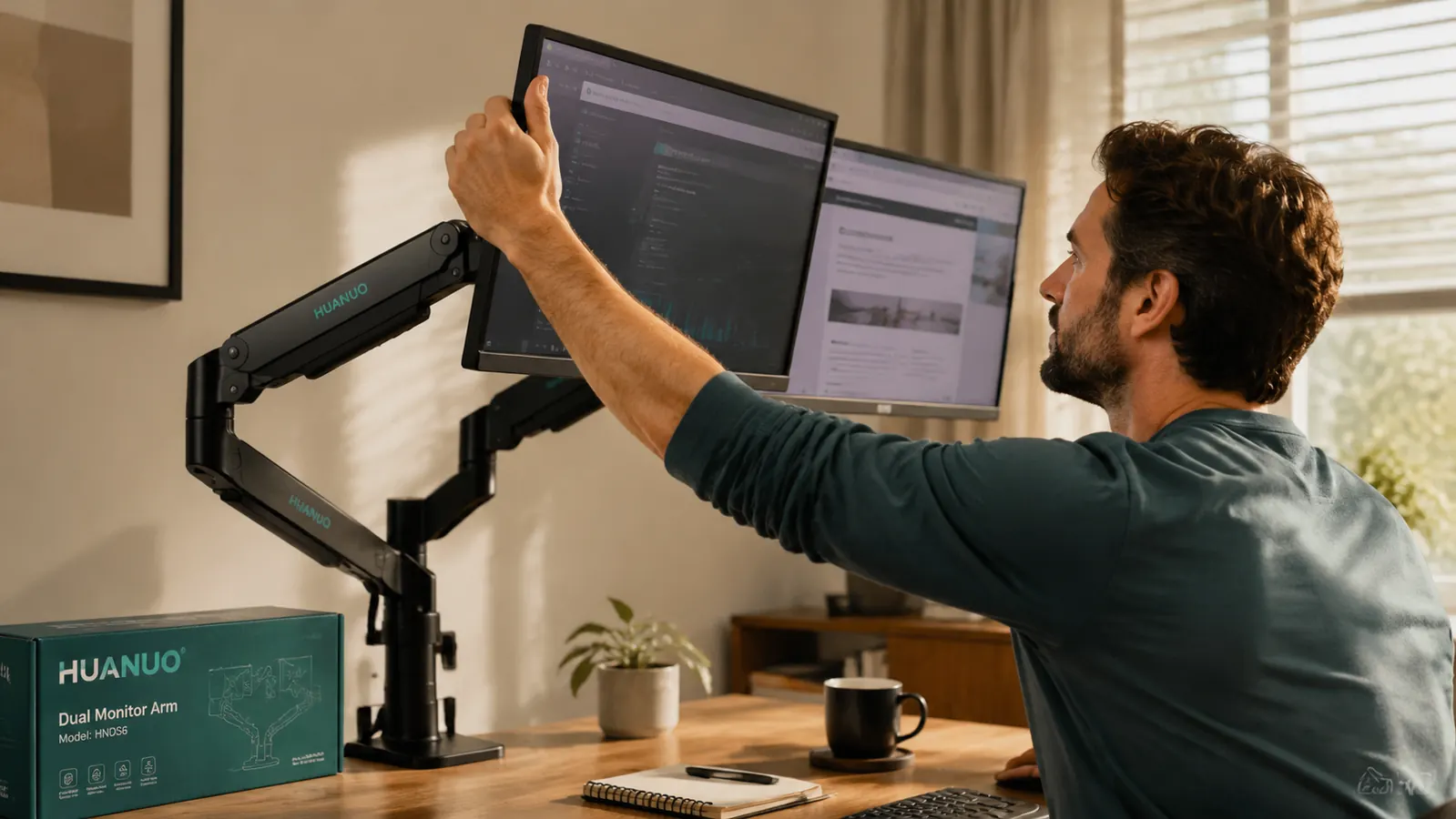 Person adjusting the tilt of a mounted monitor on a HUANUO dual monitor arm