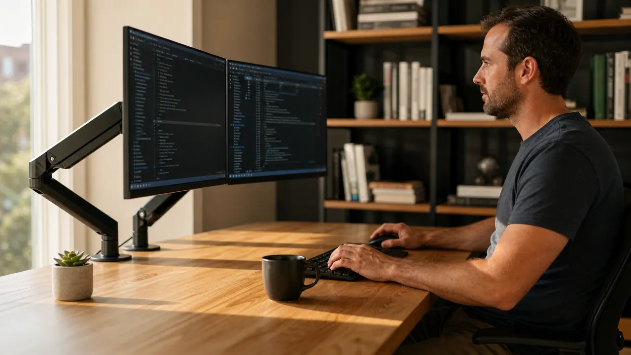 Clean home office desk with two monitors mounted on a dual arm, no visible stands cluttering the surface