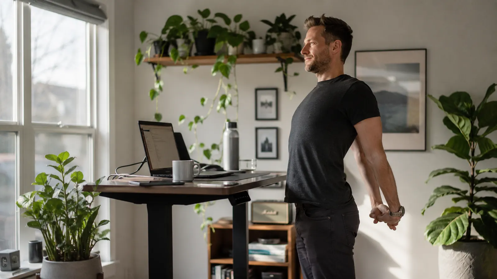 Home office worker stretching at their standing desk converter during the afternoon, comfortable posture, bright workspace