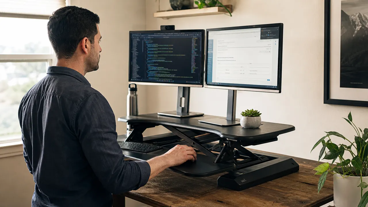 Standing desk converter raised to standing height on a clean home office desk with dual monitors and a coffee mug nearby
