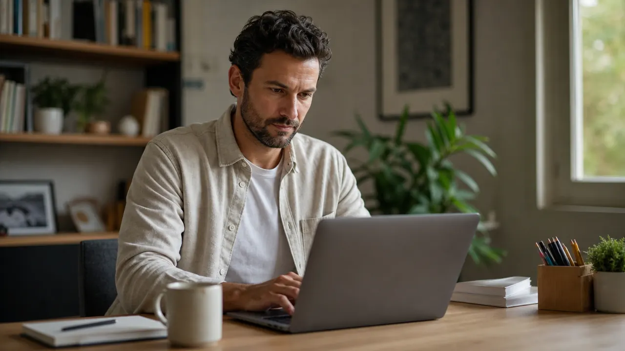 Person sitting at a clean organized desk, relaxed posture, focused on a monitor with no cable clutter visible