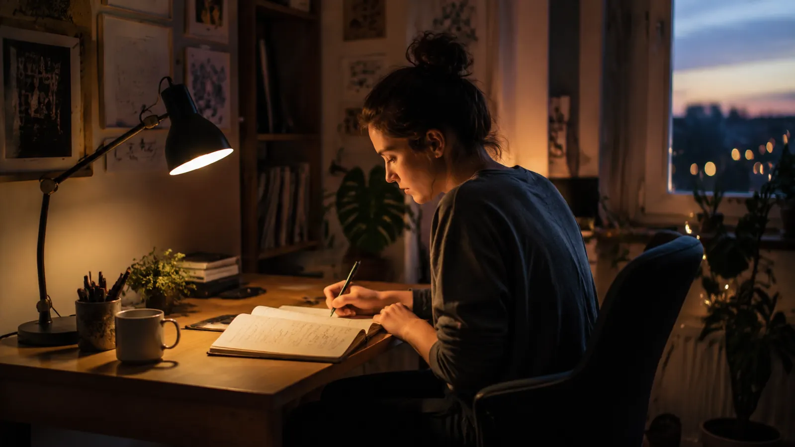 Calm, well-lit home office in the evening with a desk lamp providing soft focused light and no screen glare