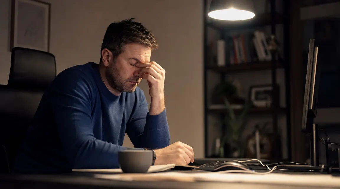 Person sitting at a tidy home office desk in early morning light, rubbing tired eyes in front of a bright monitor