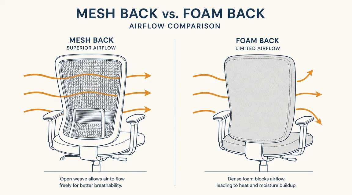 Side-by-side diagram comparing mesh chair back to foam-padded chair back, showing airflow difference