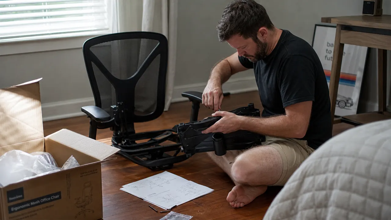 GABRYLLY ergonomic mesh chair in a spare bedroom home office, boxes and assembly tools on floor nearby