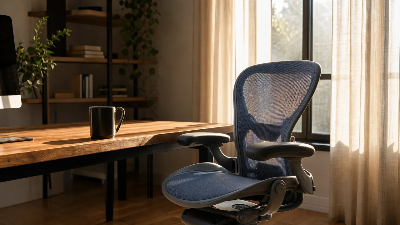 Modern home office with an ergonomic mesh chair at a tidy wooden desk, morning light through a window