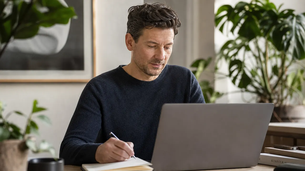 Person working comfortably at a home office desk, relaxed upright posture