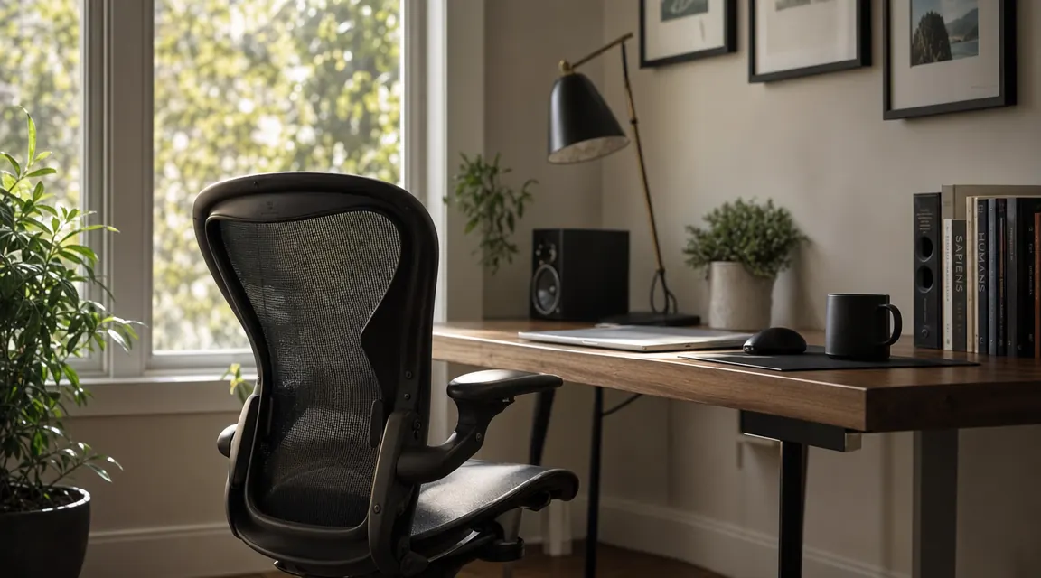 Home office corner with ergonomic mesh chair at a clean desk, morning light coming through a window