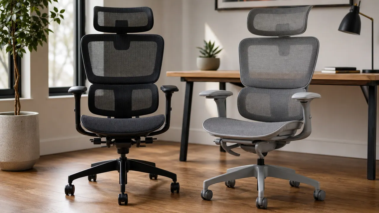Two ergonomic mesh office chairs side by side in a bright home office, slate blue accent wall in background