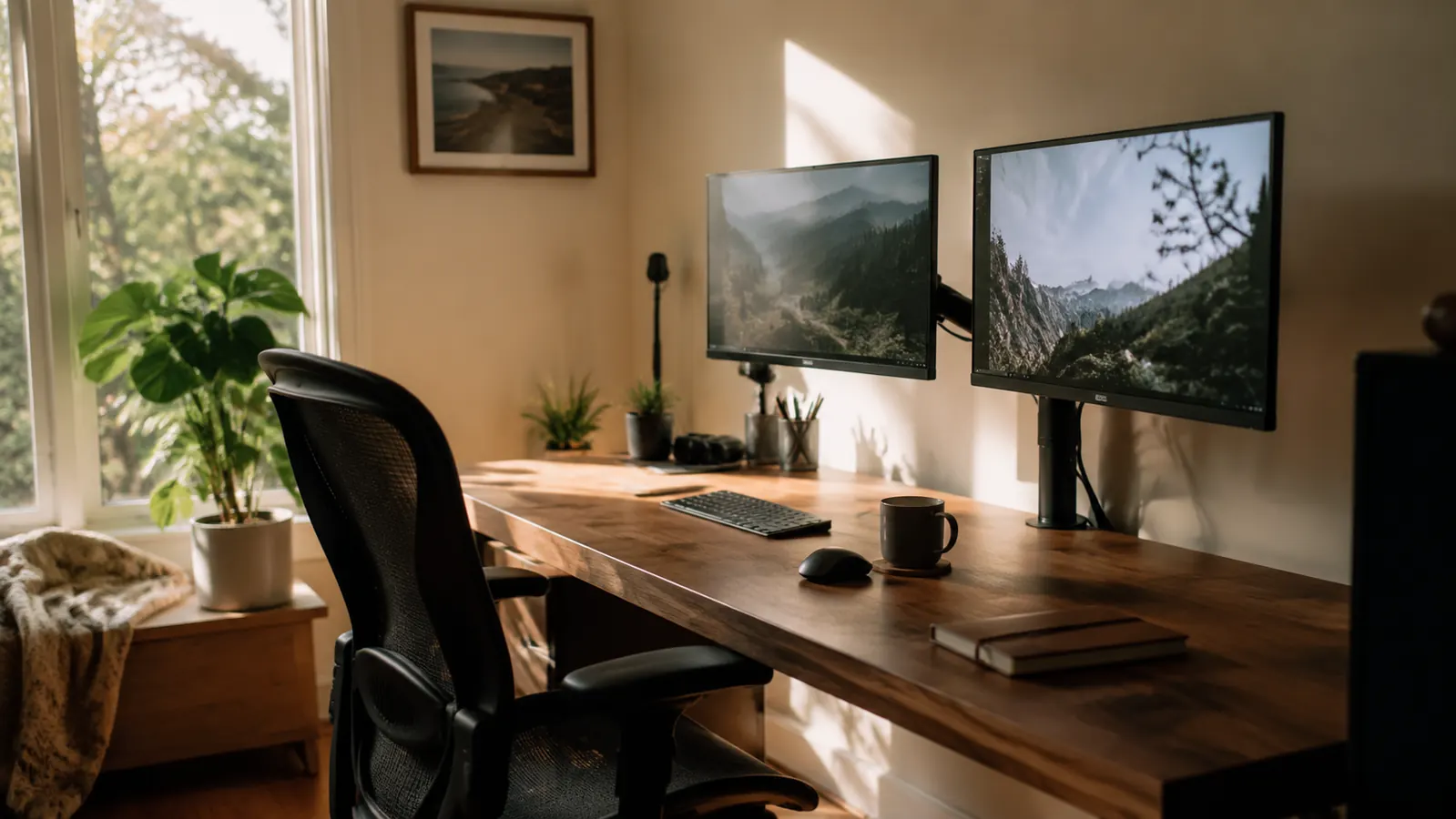 A practical home workstation in warm morning light, calm and grown-up