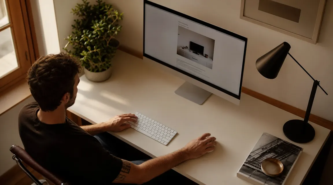 Clean home office desk with no visible cables, warm afternoon light, plant on corner