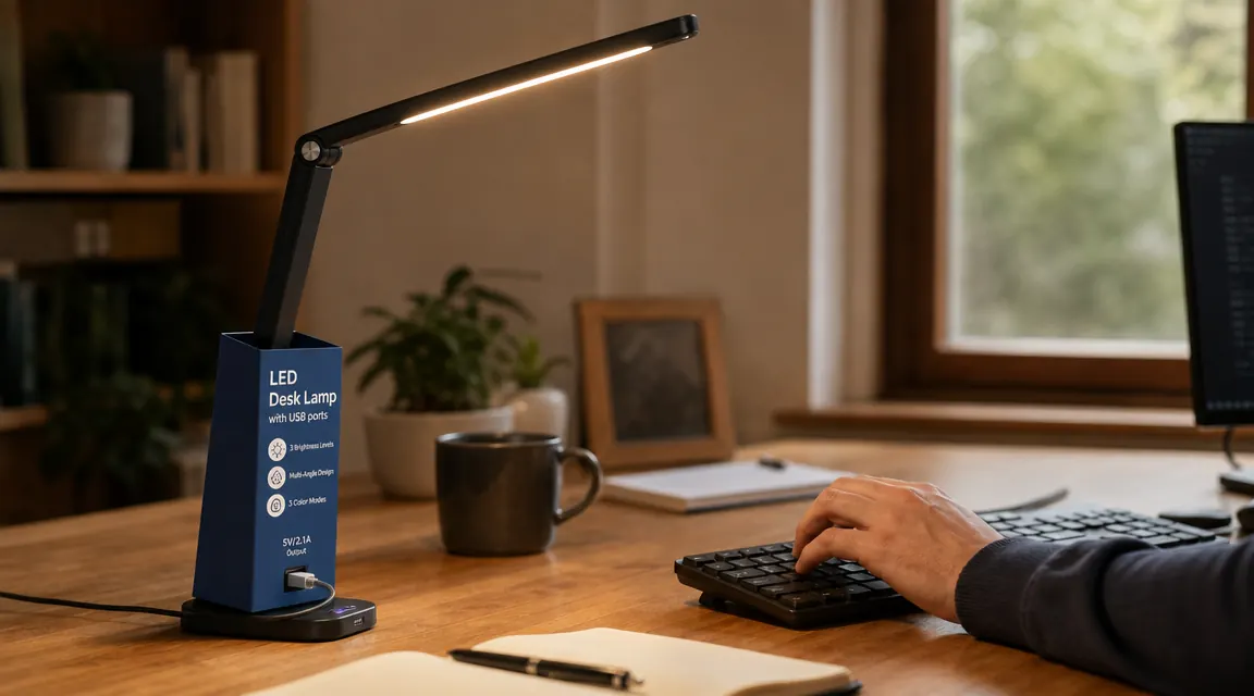 LED desk lamp with USB ports placed to the left side of a laptop, angled downward onto the desk surface