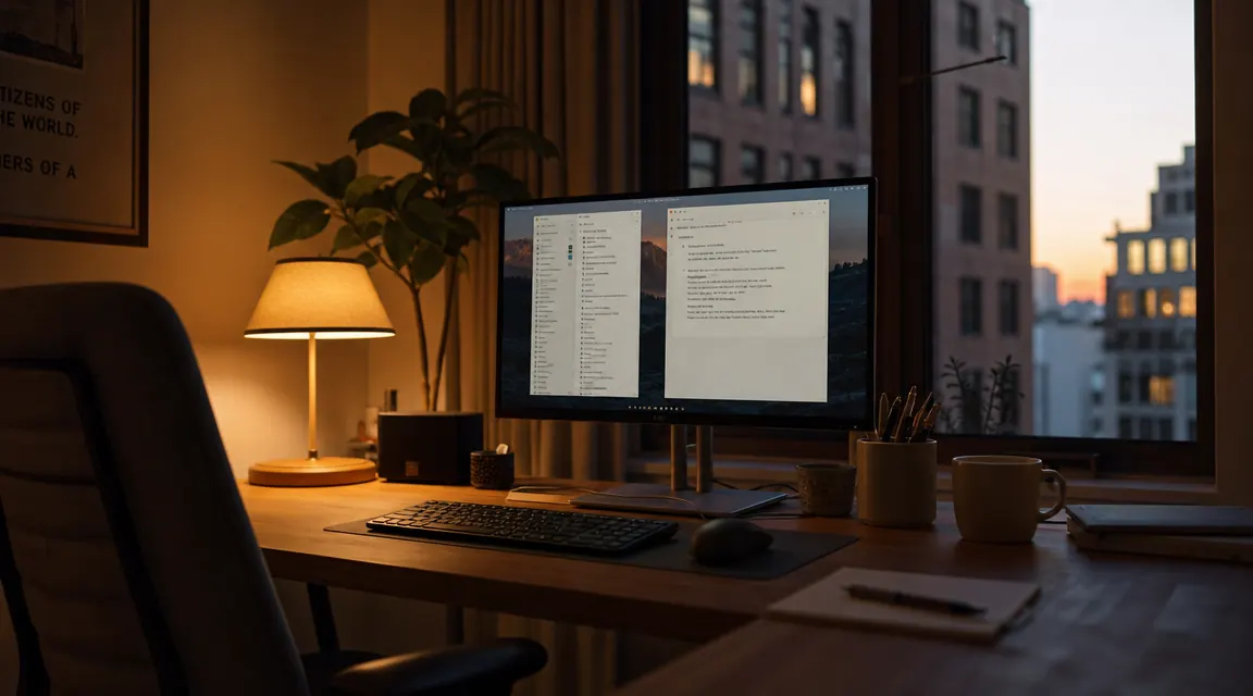 A clean home office desk with warm ambient lighting, no glare visible on the monitor