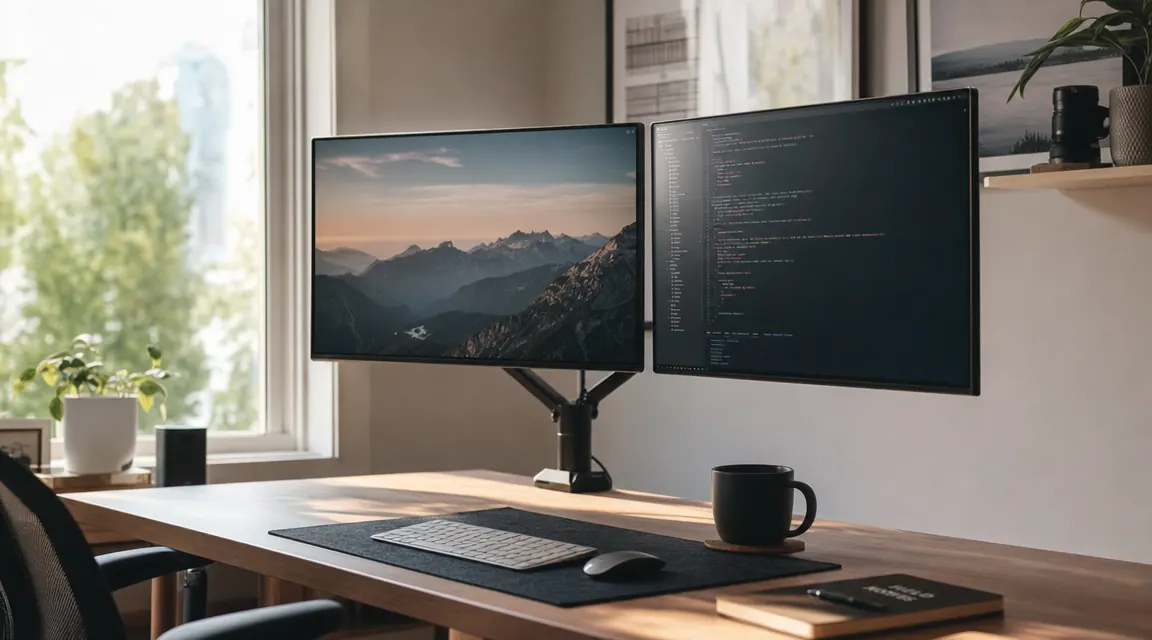 Clean home office desk with two monitors mounted side by side on a single arm, cables routed neatly, morning light through a window behind