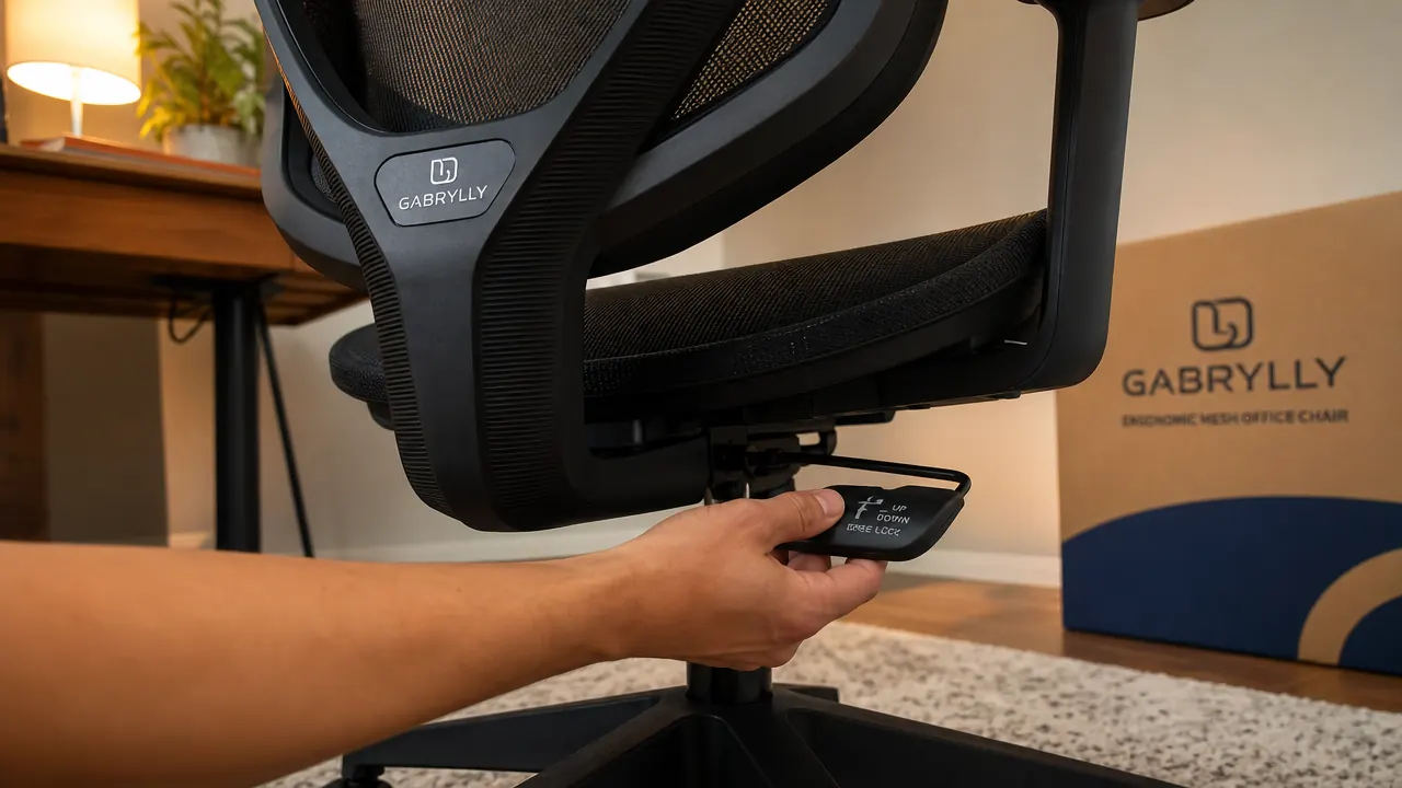 Close-up of hands adjusting the seat height lever on an ergonomic office chair