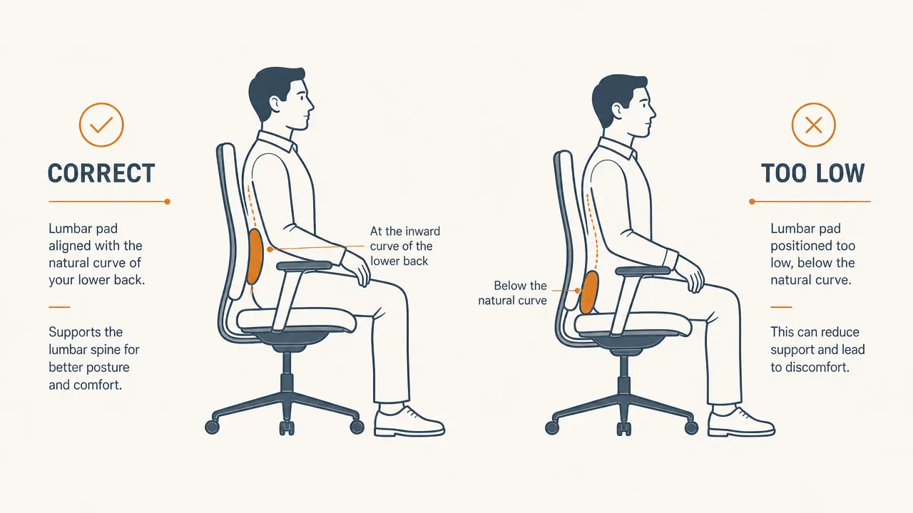 Side-view diagram showing correct lumbar support placement at the lower back curve