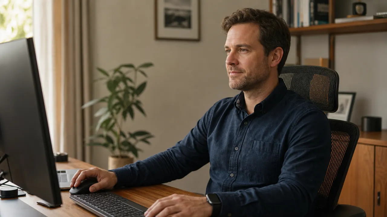 Person sitting correctly in an ergonomic office chair at a home office desk with good posture