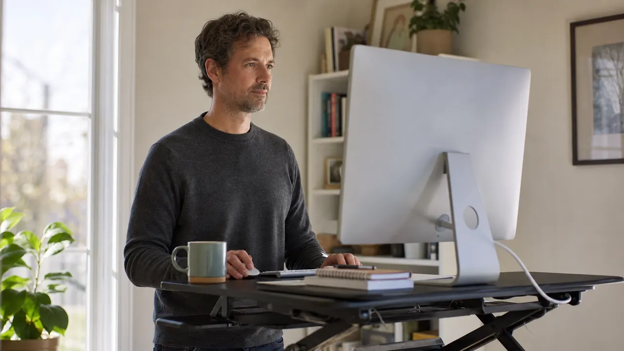 Home office worker at a standing desk converter with a cup of coffee beside the keyboard, natural morning light through window