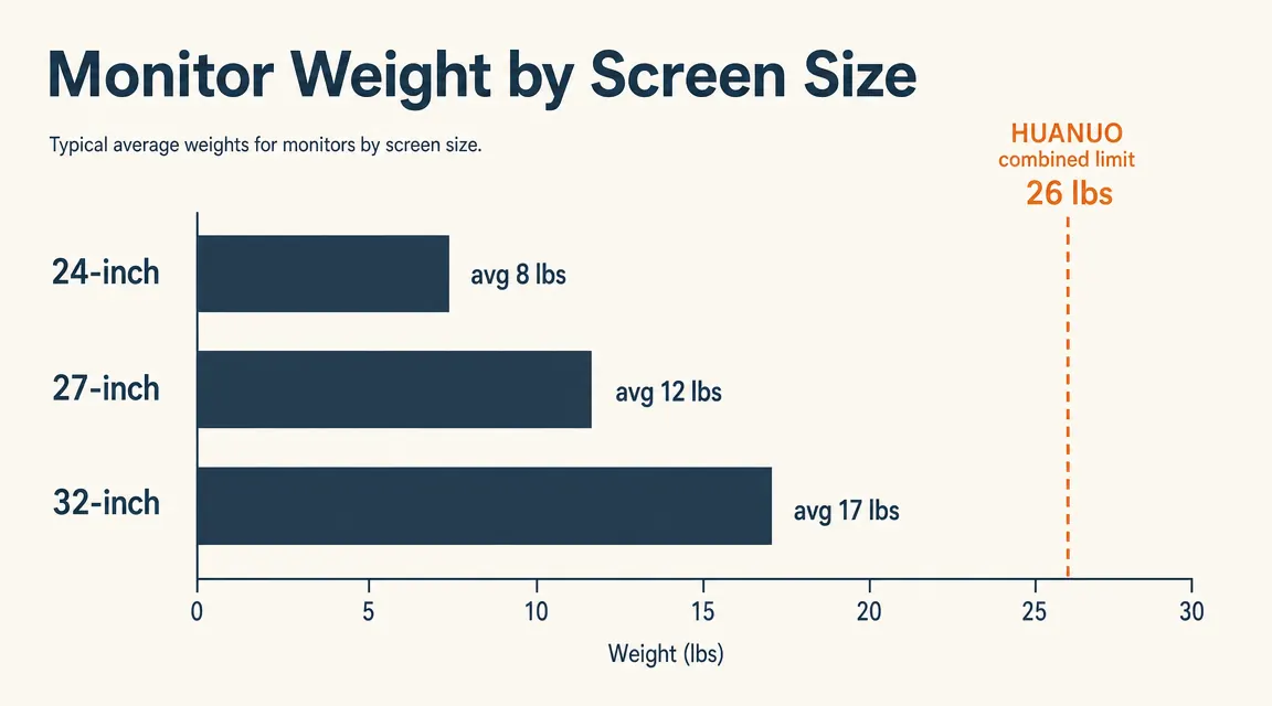 Chart comparing monitor arm weight limits with example monitor weights for 24-inch, 27-inch, and 32-inch screens