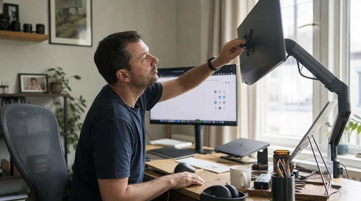 Home office worker adjusting monitor height by pressing the tension adjustment knob on the HUANUO arm joint
