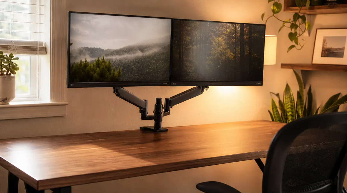 A clean home office desk with two monitors mounted on a single arm, open desk surface visible with just a keyboard and notebook