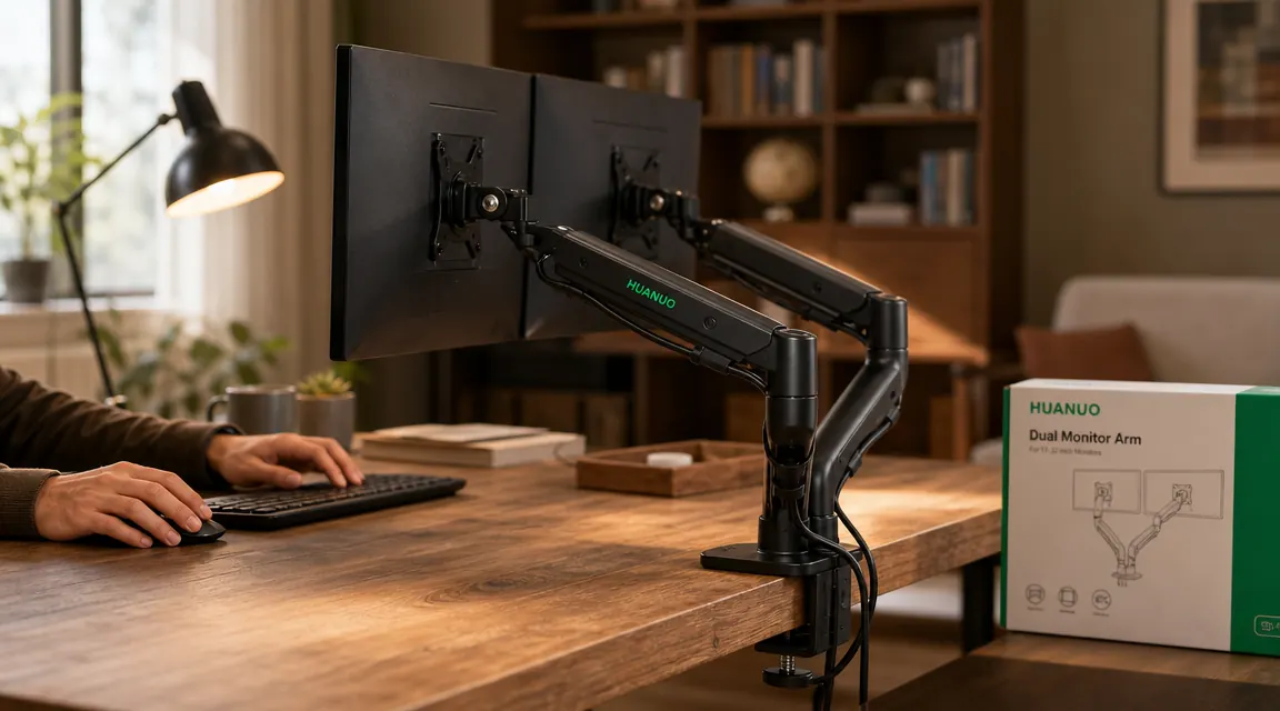 HUANUO dual monitor arm mounted with C-clamp on the back edge of a desk, both screens positioned at eye level