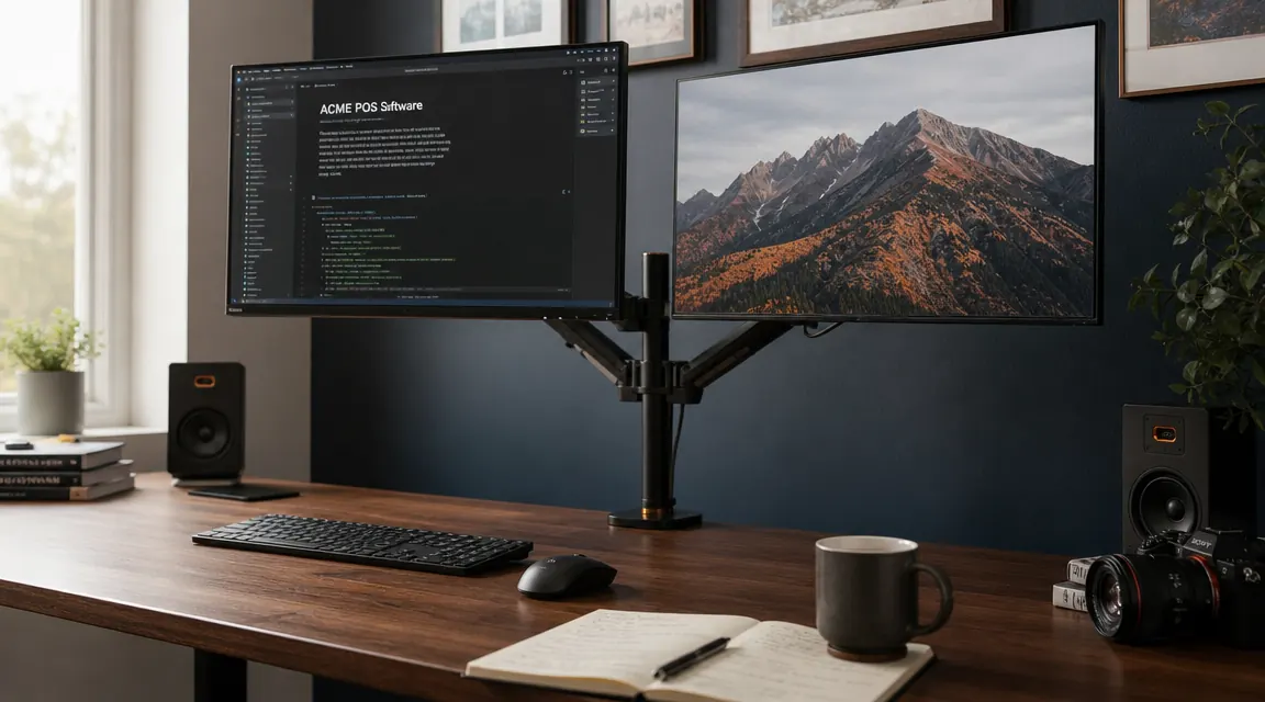 Two monitors mounted on a dual arm above a clean home office desk with a notebook and coffee mug