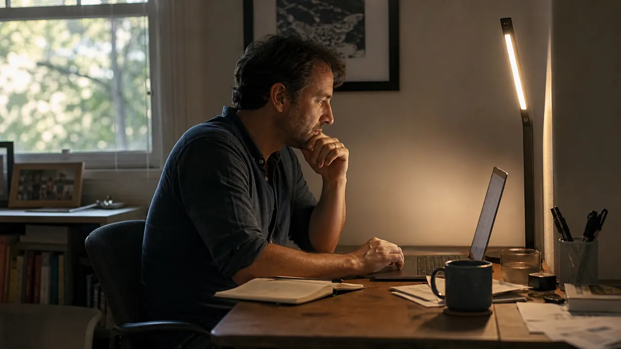 LED desk lamp on a cluttered home office desk showing the plastic base and flexible neck in a realistic working environment