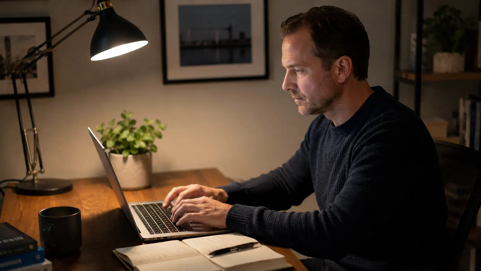 Person working at a home office desk in the evening with a desk lamp illuminating their keyboard and notebook