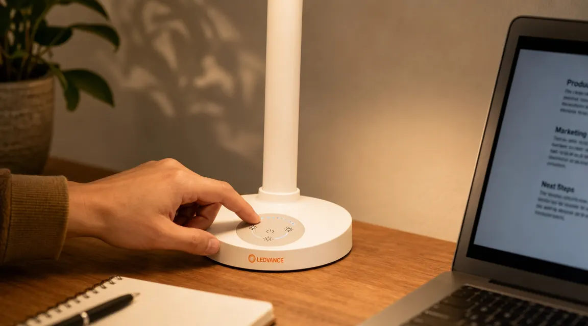 Hand adjusting the touch control panel on an LED desk lamp beside a laptop