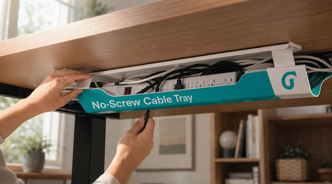 Under-desk cable tray mounted on desk underside with surge protector and cables loaded inside, viewed from below