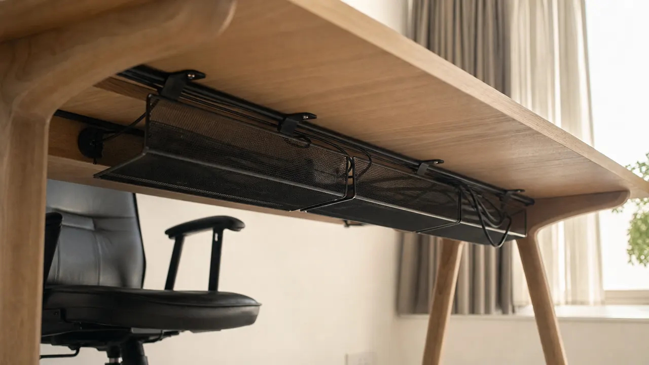 Underside of a home office desk with a mounted black cable management tray holding bundled cords, seen from a low angle