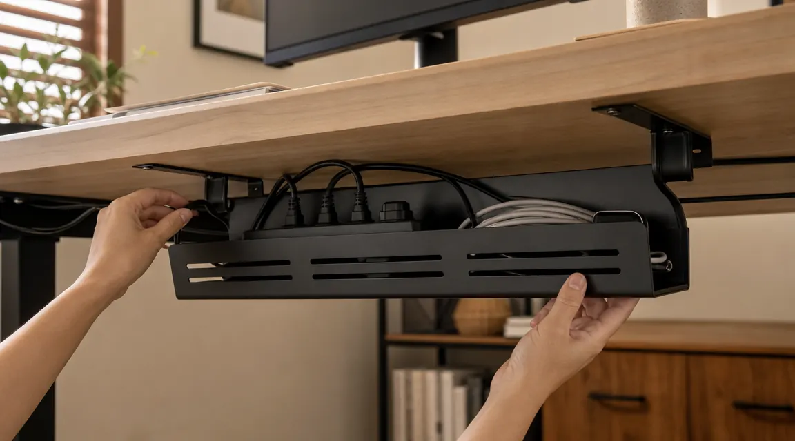 Under-desk view showing surge protector and bundled cables sitting inside cable management tray