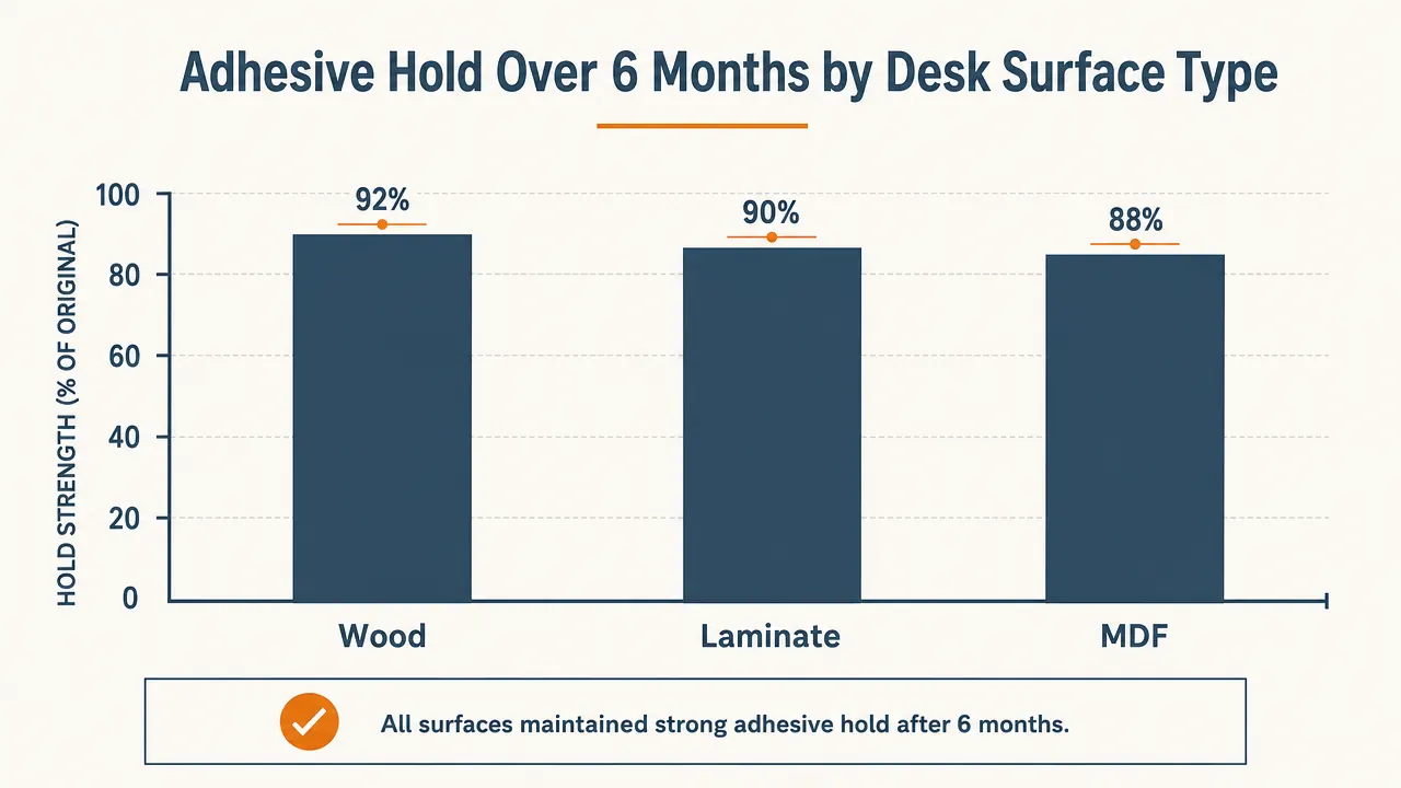 Chart comparing adhesive hold strength over six months on wood, laminate, and MDF desk surfaces