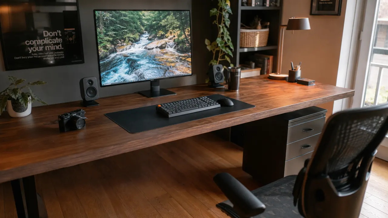 Clean home office desk with cables hidden underneath via a mounted cable tray, no visible cords on the floor