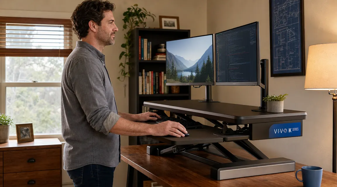 Person standing at a VIVO desk converter with dual monitors, working comfortably in a home office