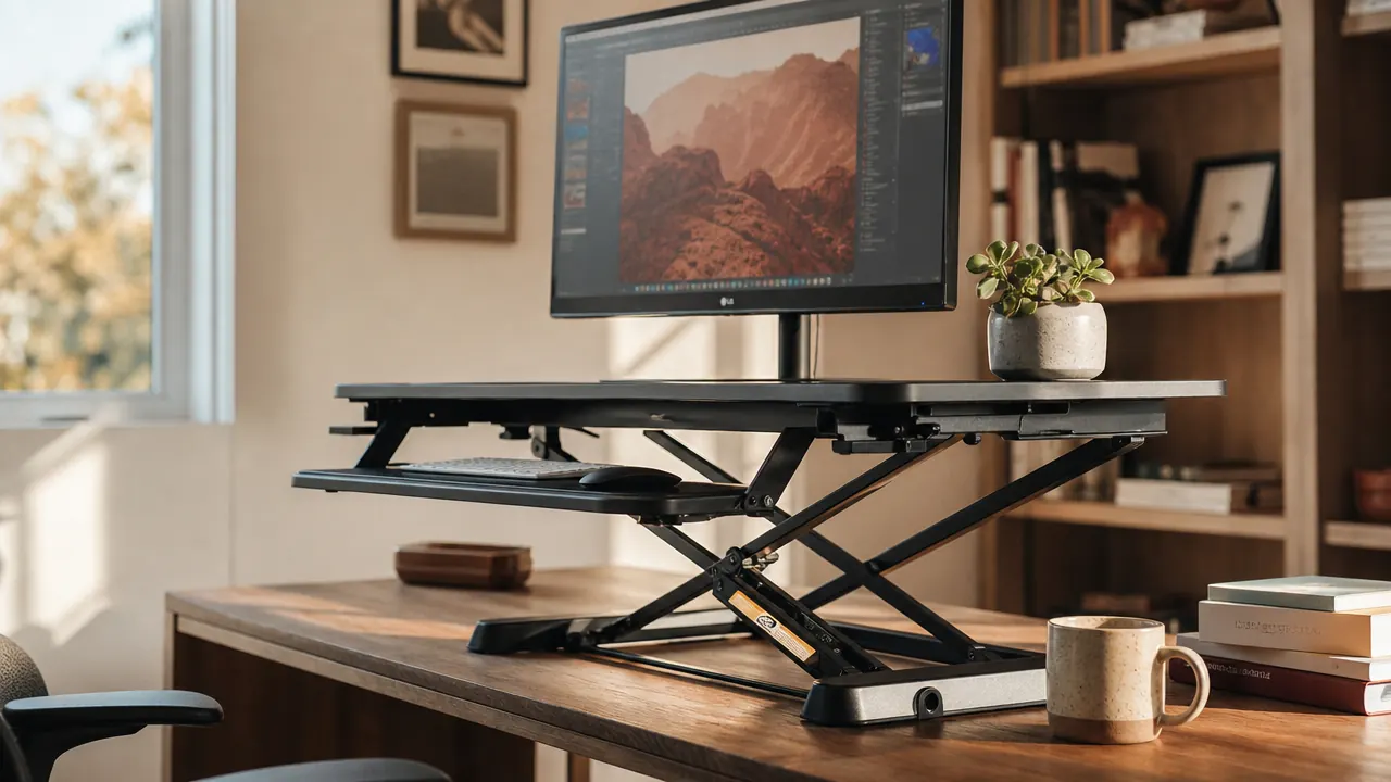 Home office desk with a raised standing desk converter in a bright, organized workspace in the afternoon