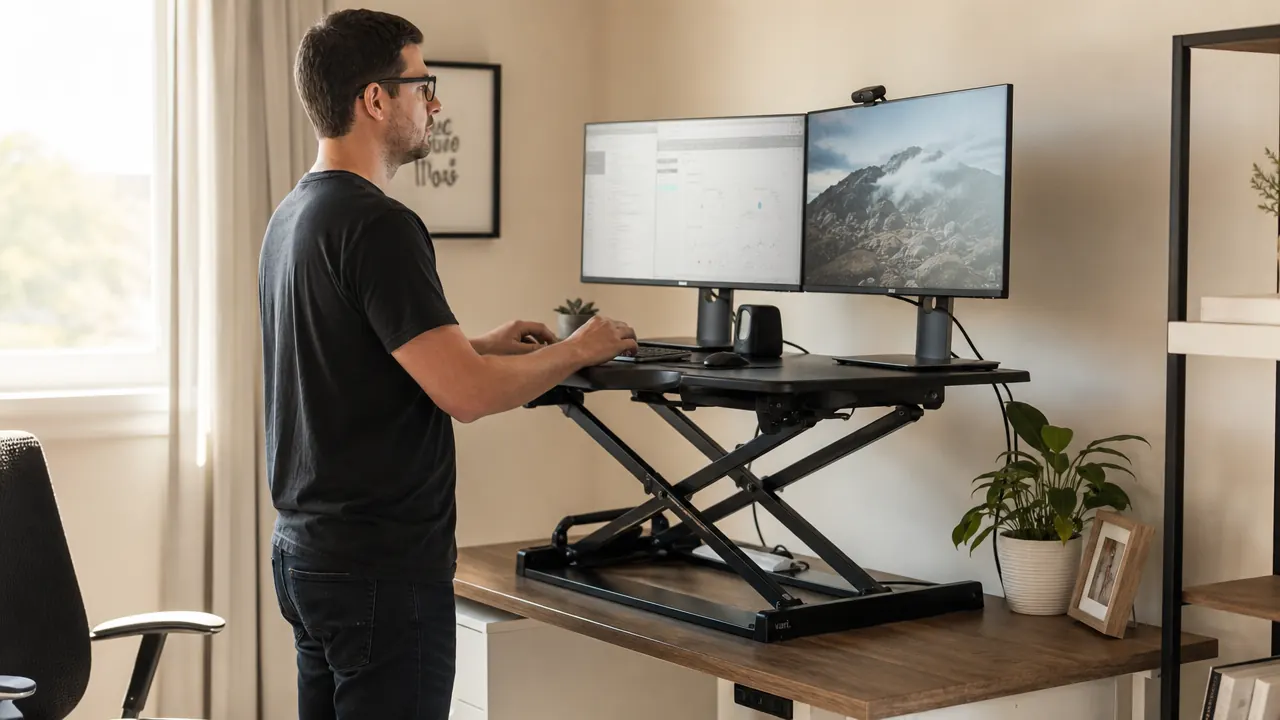 VIVO standing desk converter raised to standing height on a home office desk, with dual monitors and a keyboard tray visible