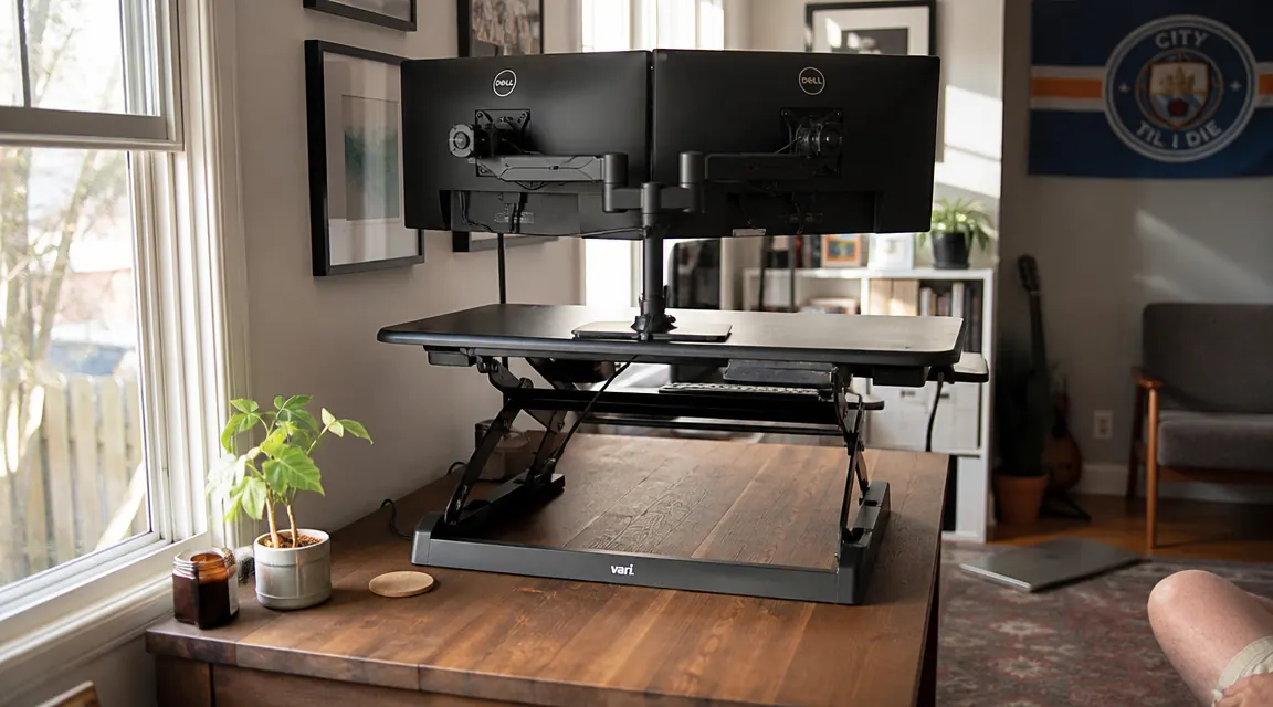 VIVO standing desk converter at full standing height on a compact home office desk, showing the available workspace behind it