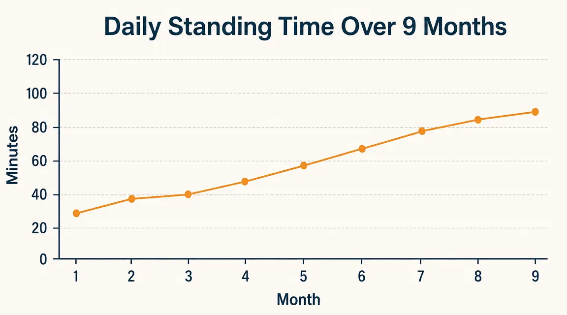 Chart showing daily standing minutes over nine months, gradually increasing from 30 to 90 minutes per day