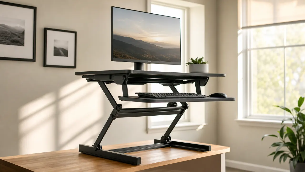32-inch standing desk converter raised to standing height on a home office desk with a monitor and keyboard in use